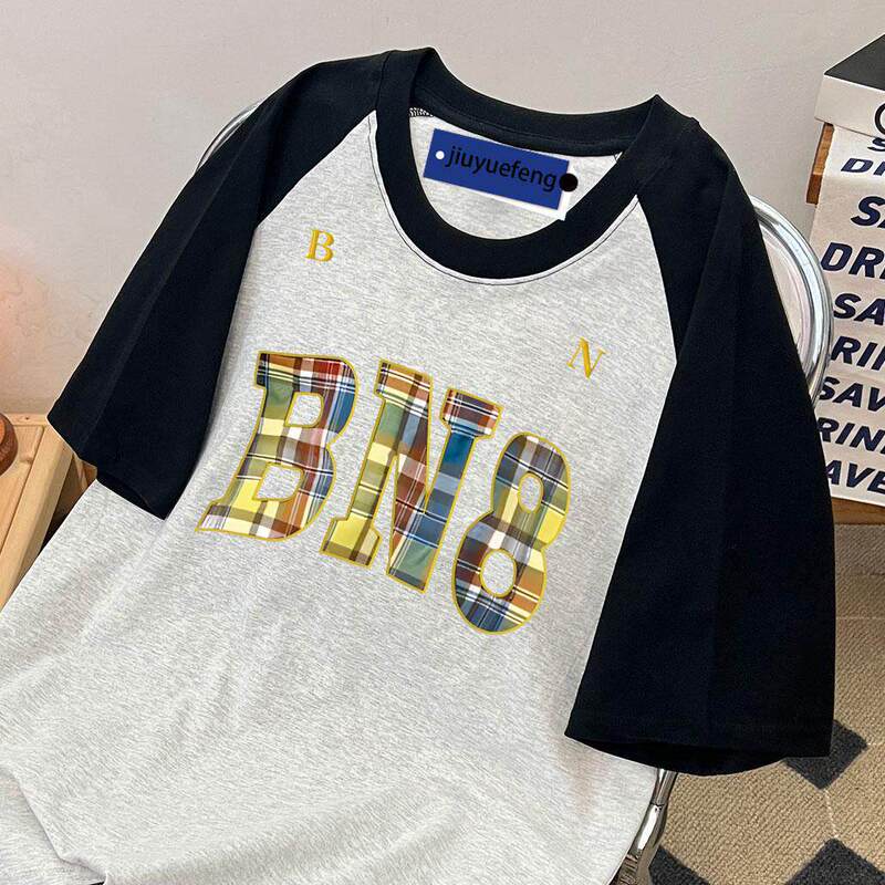 American-Style Patchwork Color-Block Round-Neck Short-Sleeve T-Shirt for Women, 2025 Summer New Style, Raglan Sleeves, Trendy Couple's Top