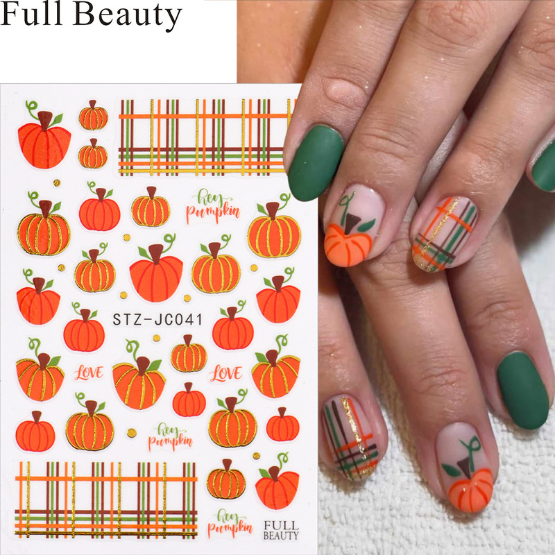 FULL BEAUTY cross-border nail art stickers, featuring autumnal golden lines, pumpkin fences, and artistic lettering