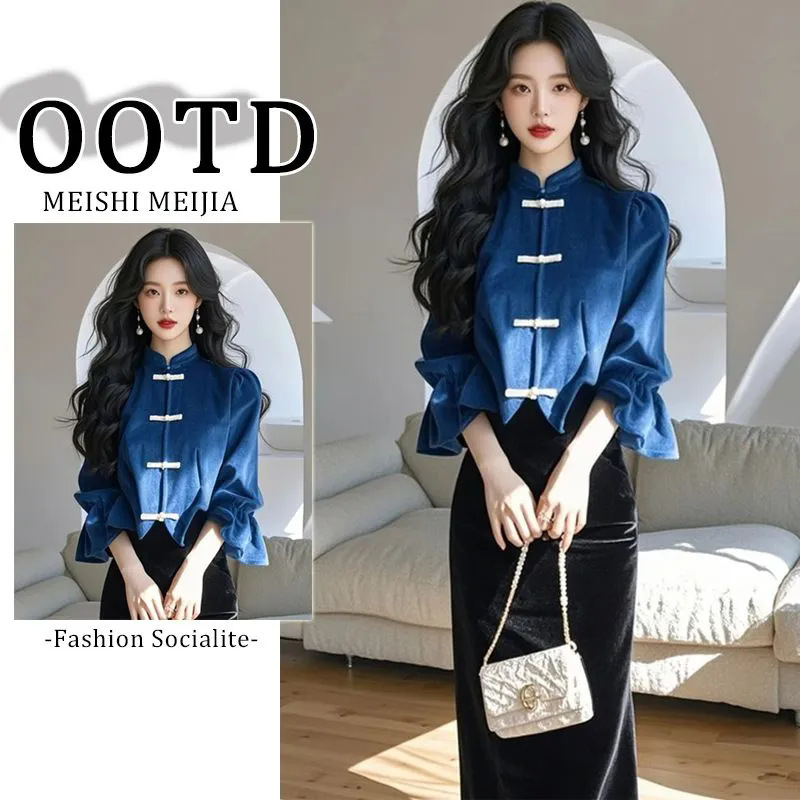 2025 spring new women's clothing new Chinese style blue corduroy suit women's high-grade decent generous two-piece set 2025 spring new women's clothing new Chinese style blue corduroy suit women's high-grade decent generous two-piece set