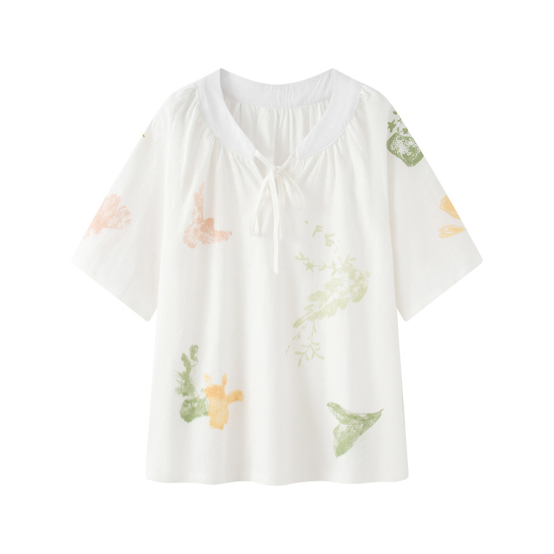 2026 New Summer Style Textured White Printed Short-Sleeved Shirt for Women Loose Cotton Lightweight Top