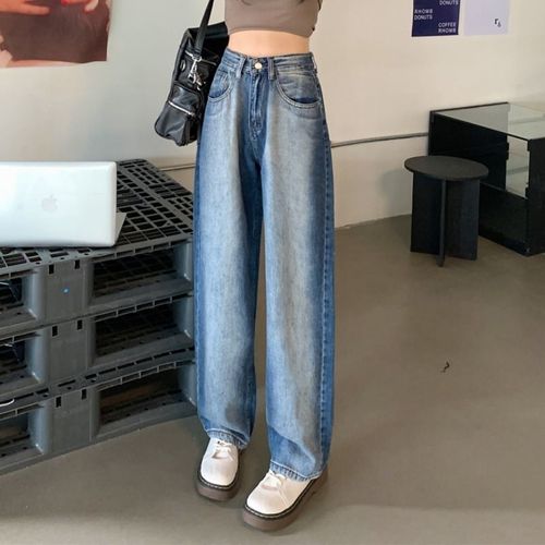 Plus-size retro gradient denim pants for women—loose, straight-leg, spring new arrival—large size, high waist, loose-fitting, floor-length wide-leg trendy pants.