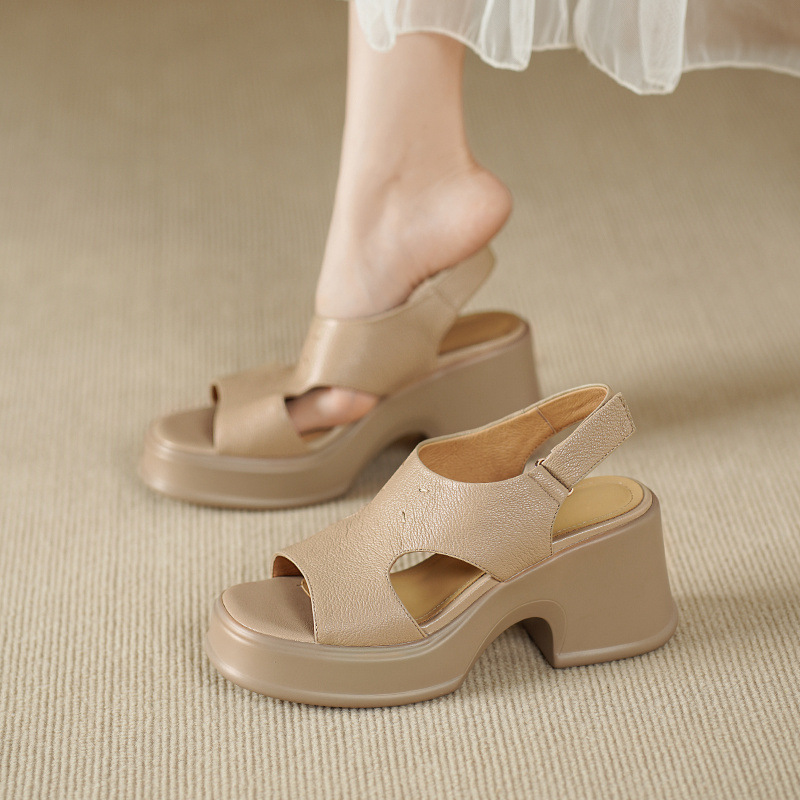 Sandal nữ đế dày gót vuông quai ngang khóa một dây phong cách La Mã — đen