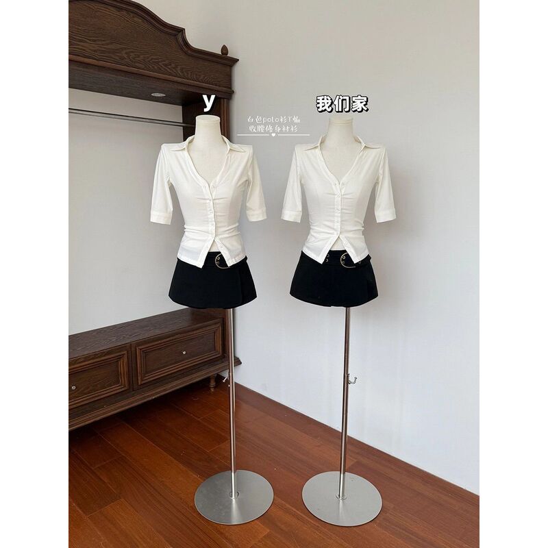 White Polo Shirt T-Shirt Women's Right Shoulder Waist Slim Elegant Mid-Sleeve Sun Protection Shirt Summer New Korean Style Top White Polo Shirt T-Shirt Women's Right Shoulder Waist Slim Elegant Mid-Sleeve Sun Protection Shirt Summer New Korean Style Top