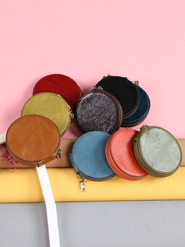 Vintage-style cute mini leather coin purse, round storage bag made from top-layer cowhide—casual clutch wallet available for factory wholesale