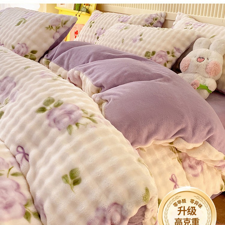 Cama de terciopelo de leche de cuatro piezas de terciopelo de conejo de imitación de alta gama, funda de edredón de sábana de invierno de terciopelo de coral de doble cara gruesa 2025 nuevo