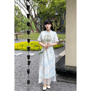 51231 Fat mm2025 Women's Summer New Arrival Chinese-Style Dye Blue Jacquard Improved Tight Waist Slimming plus size Cheongsam