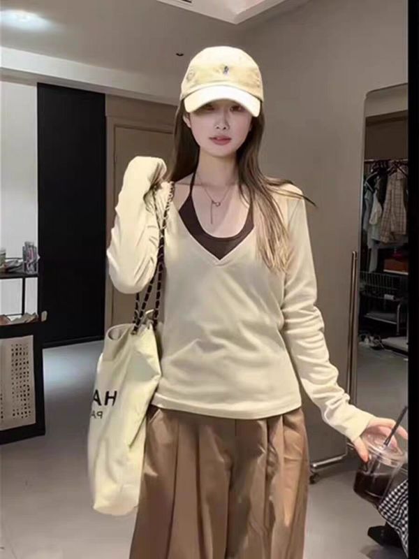 美式复古v领套装女秋季修身显瘦打底罩衫挂脖系带叠穿吊带两件套|undefined