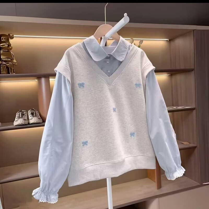 Girls' Autumn Stylish Bow Sweatshirt for Older Children, Girls' Shirt Collar Faux Two-Piece Pullover Children's Clothing