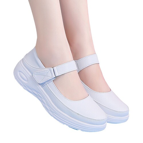 Spring and summer nurse shoes women's soft sole hollow breathable magic buckle straps genuine leather hospital work white shoes wholesale