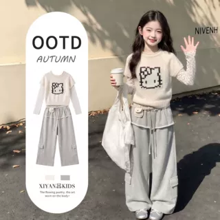 女童针织马甲三件套2026新款洋气小女孩卡通打底衫运动裤套装潮酷