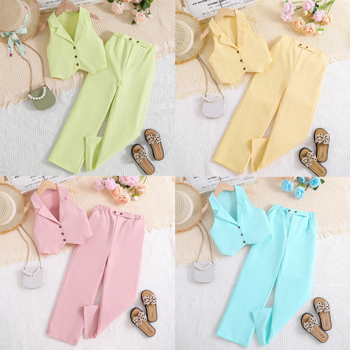 Traje para niños Verano coreano cardigan sin mangas traje corto top pantalones de dos piezas para niñas ropa infantil transfronteriza