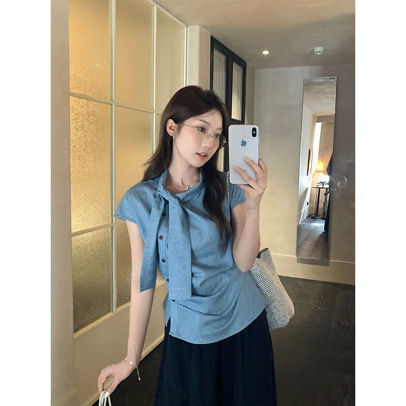 韩系条纹小飞袖飘带短袖衬衫女夏季设计感小衫不规则褶皱收腰上衣|undefined