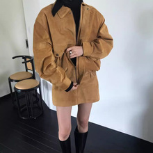 chic韩国超韩焦糖色休闲夹克韩版宽松短款外套+miu系短裙套装女装