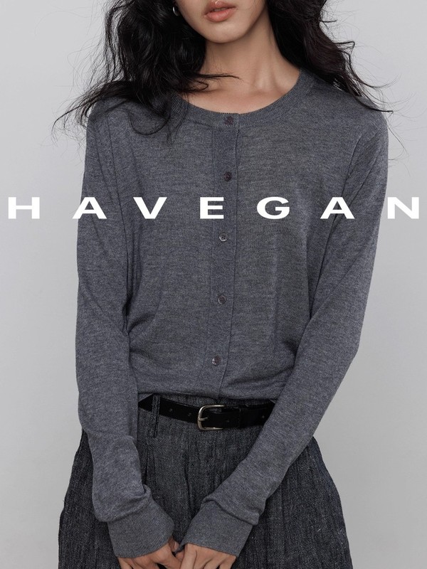 与间HAVEGAN/秋季圆领长袖针织开衫女薄款外穿宽松慵懒老钱风上衣|undefined