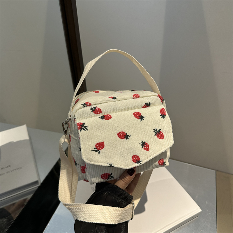 Corduroy Strawberry Small Bag for Women 2025 New Fashion Versatile Crossbody Bag Cute Soft Girl Strawberry Shoulder Small Square Bag