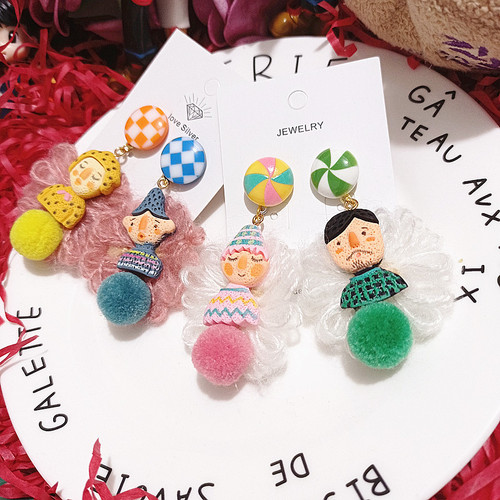 Autumn/Winter Ins Indian Doll Ethnic Style Funny Plush Flower Silver Ear Drops for Men and Women 925 Silver Earrings