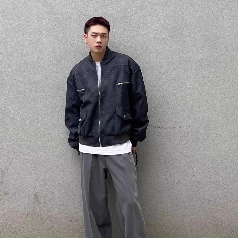 Retro Motorcycle Leather Jacket For Couples Stand Up Collar_voghion.com