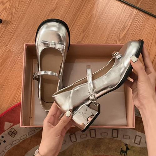 Gentle ins silver French thick heel Mary Jane shoes for women 2024 new summer shallow mouth with skirt round toe shoes
