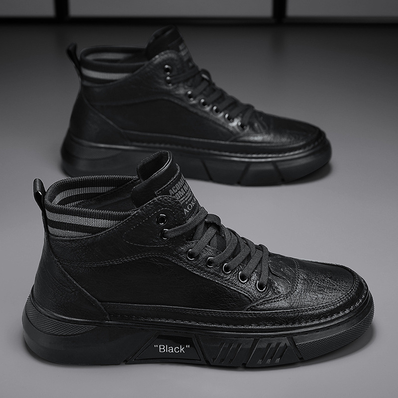 Clearance Men's Shoes Spring High-Top Casual Sneakers Versatile Non-Slip Wear-Resistant Martin Black Mid-Top Leather Boots Comfortable and Lightweight