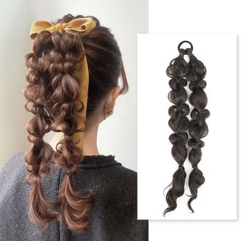 French-Style Bubble Braided Ponytail Wig, Hand-Woven Ponytail Wig, Long Braided Wig, Realistic Human Hair Wig Braids