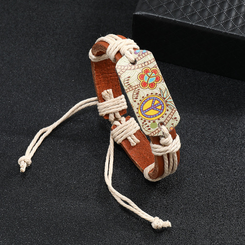 Vintage Bestselling Leather Bracelet Genuine Leather Bracelet Unisex Jewelry Ethnic Style Engraved Peace Symbol Bracelet Wholesale