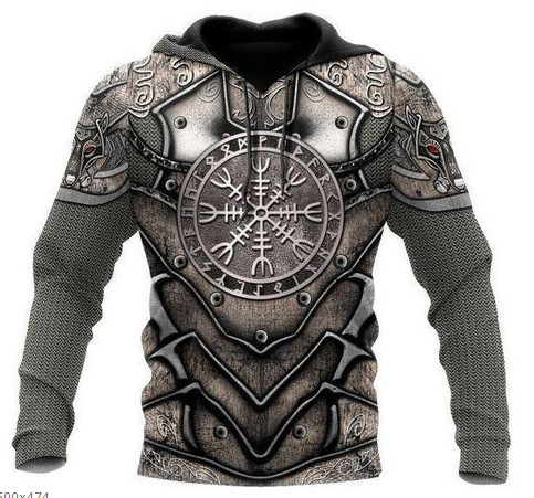 2024 Europa y América Primavera y otoño Moda nuevos hombres Viking Myth Series Cool Armor Print 3D Sudadera con capucha
