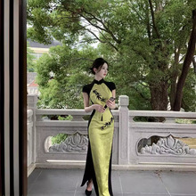 新中式国风复古旗袍年轻款少女改良撞色修身显瘦包臀中长款连衣裙