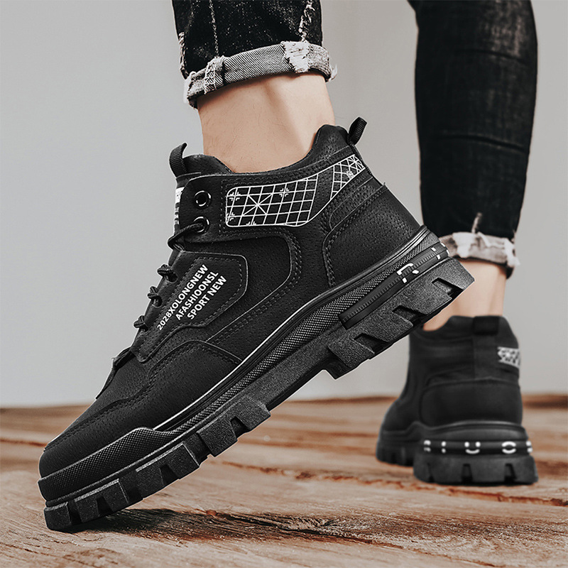 2024 otoño nuevo cuero empalmado letras impresión de suela gruesa zapatos de martin para hombre al aire libre zapatos de hombre