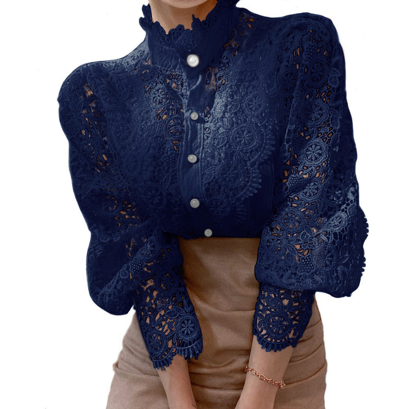 2025 Spring and Summer New Korean Style Women's Clothing Solid Color Lace Stand Collar Hollow Lace Shirt Pearl Button Top Women