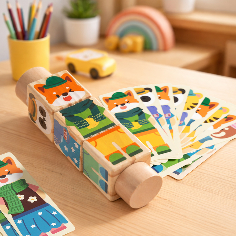 Cpc Cross-Border Children's Animal-Themed Rotating Building Blocks Cognitive Puzzle Educational Matching Early Education Wooden Toy