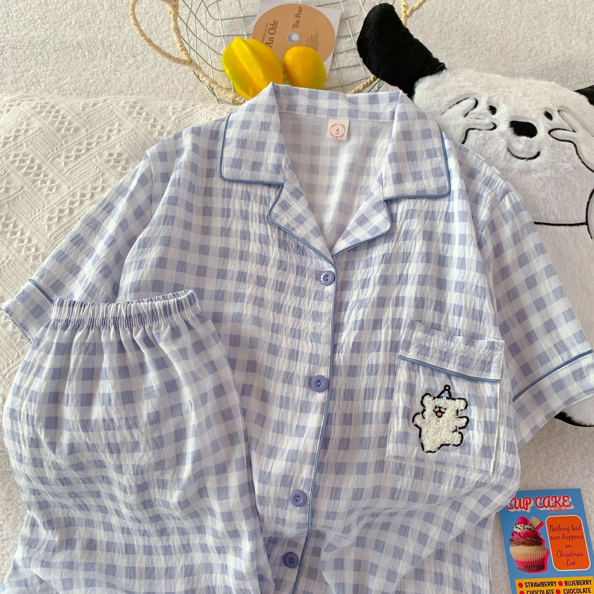 Nube de algodón pijama de mujer dibujos animados bordados pantalones cortos de mangas cortas de dos piezas de verano nuevo se puede usar ropa de hogar suelta