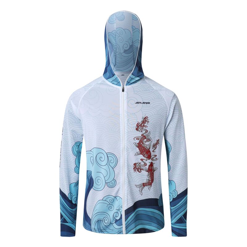 Summer New Style Printed Zipper Hooded Fishing Shirt with Pockets, Lightweight, Breathable, Anti-Uv, Ice Silk Fishing Shirt