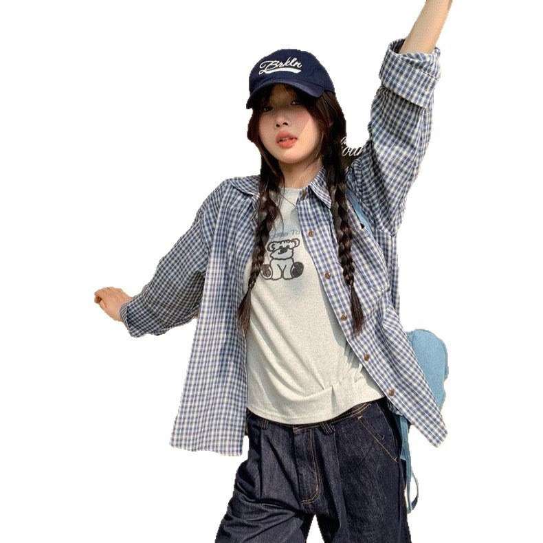 2025新款法式蓝色格子长袖衬衫外套女装宽松秋季薄款防晒衬衣上衣|undefined