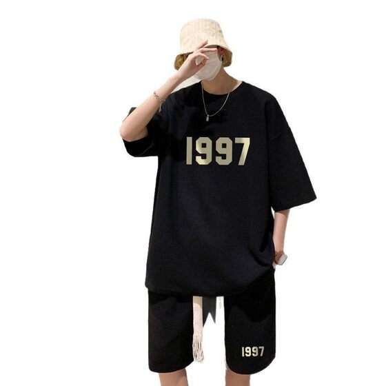 Waffled Short-sleeved T-shirt Men's Summer Sports suit Loose Casual Shorts Hong Kong Style Ins Trendy Two-piece Set