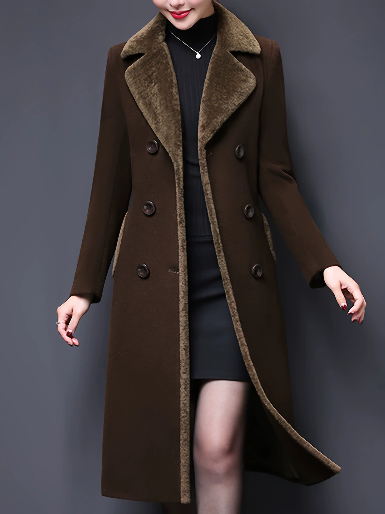 Women's Double breasted Notched Lapel Midi Pea Coat Jackets