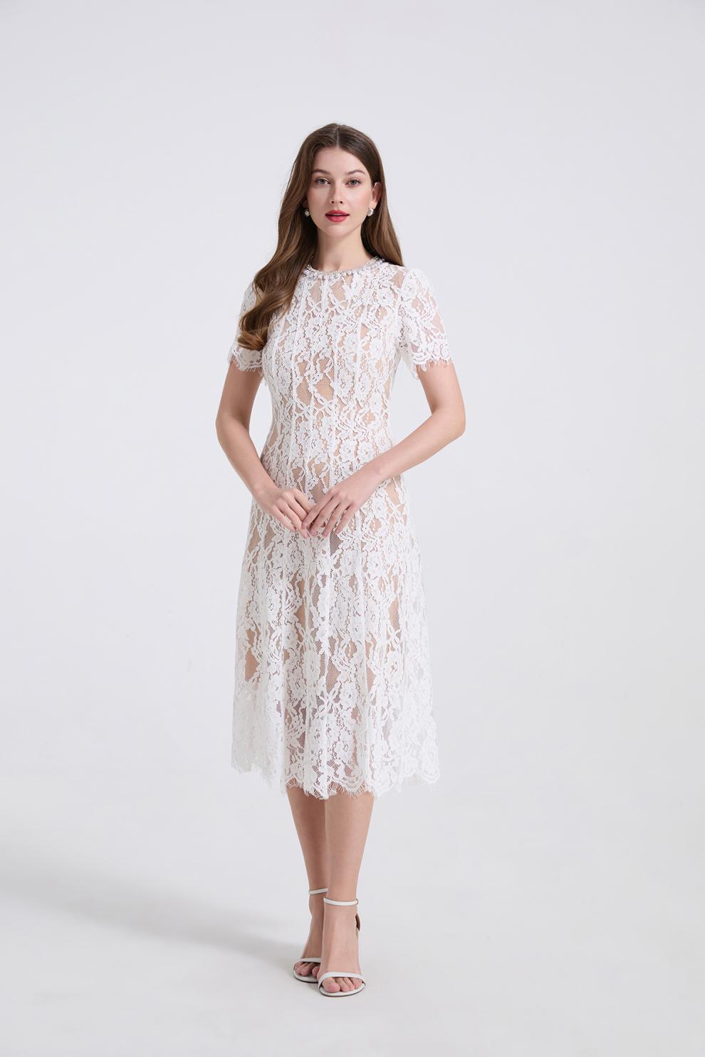 Váy đầm maxi nữ thắt eo cổ ren đính ngọc trai phong cách Pháp — màu đen, Màu hồng, Màu trắng, màu đỏ chi tiết 4