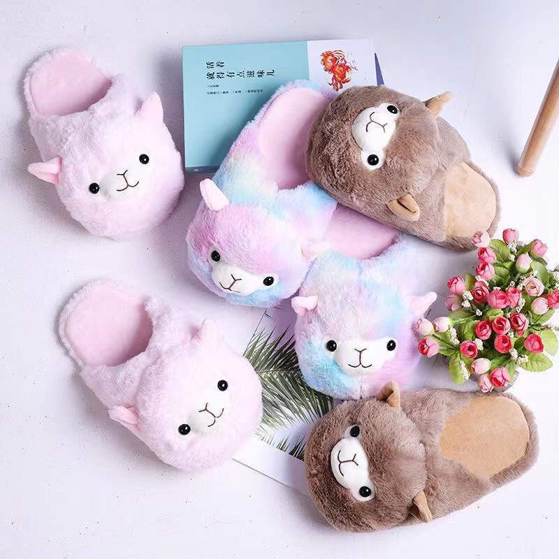 Cartoon Alpaca Rabbit Plush Cotton Slippers Autumn and Winter Home Fluffy Shoes Half-Slip Warm Floor Shoes Indoor Non-Slip Shoes