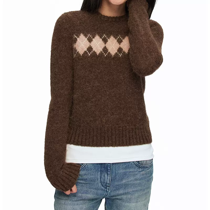 alrigh 绵正肩直筒菱形格复古休闲圆领套头毛衣 2025冬季新款时尚