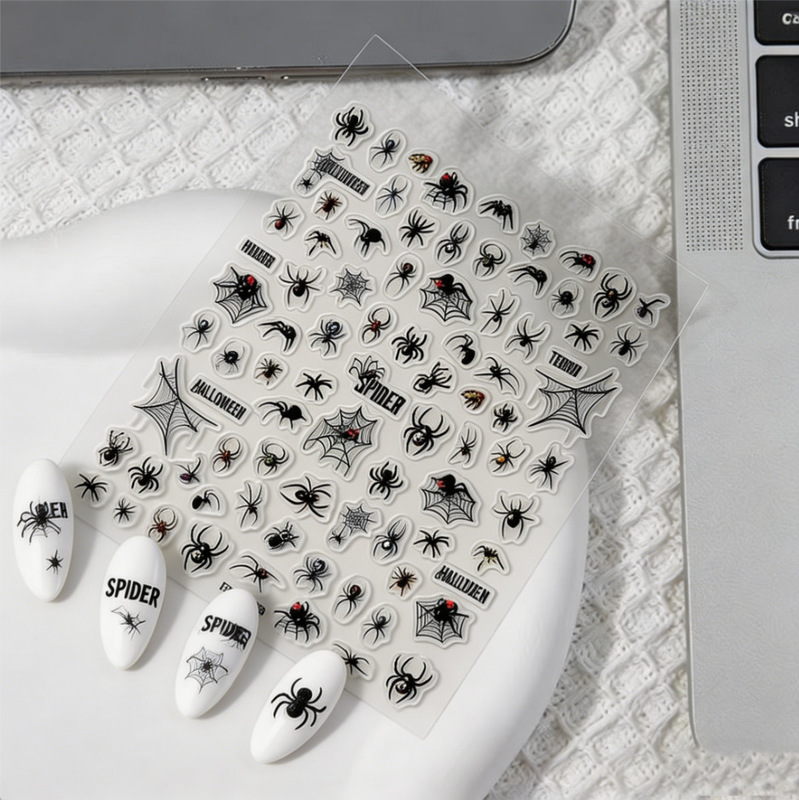 Ins Halloween Nail Art Stickers Internet Celebrity Dark Spider Web Sexy with Diamond 3D Adhesive Nail Stickers Sweet and Cool