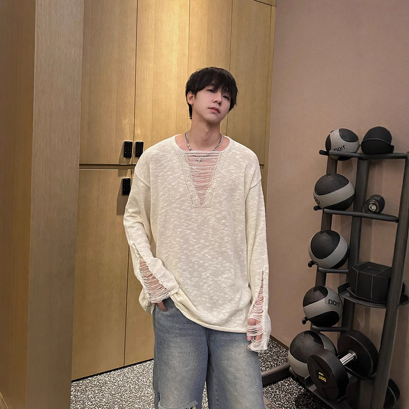European and American Autumn New Thin Hollow Hole Design Niche Trendy Knitwear Long Sleeve All-match Loose Sweater for Men and Women