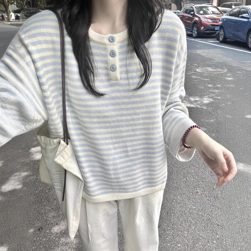 2025 New Style Lazy Blue Striped Color-Block Knit Top Autumn Outfit Loose Sweater for Women Early Autumn