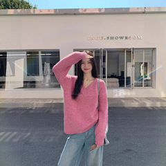 MULVAN 灰色高级感v领毛衣女秋冬慵懒宽松百搭套头针织衫上衣