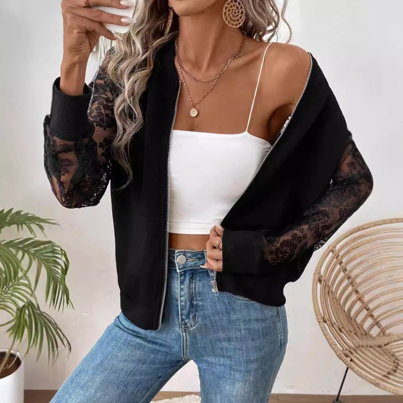 European and American Cross-Border 2026 Autumn and Winter New Elegant Women's Lace Patchwork Long-Sleeve Baseball Collar Jacket Top Coat