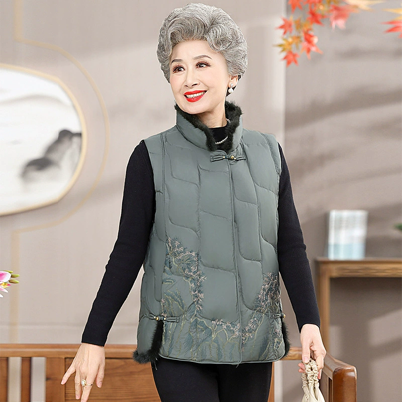 Куртка из 90% белого утиного пуха для женщин среднего и старшего возраста, пуховик для мамы с вышивкой, осенне-зимняя куртка для мам среднего и старшего возраста.