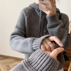 法式复古加厚开衫针织灰色外套女秋冬连帽抽绳软糯学院毛衣开衫女