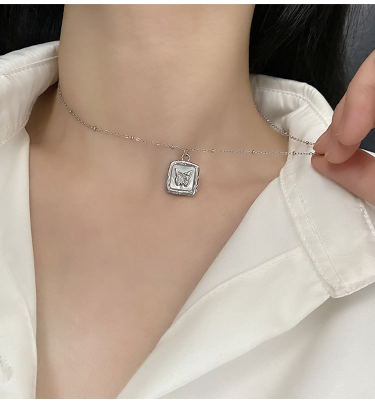 Fashion Butterfly Titanium Steel Inlay Shell Pendant Necklace 1 Piece