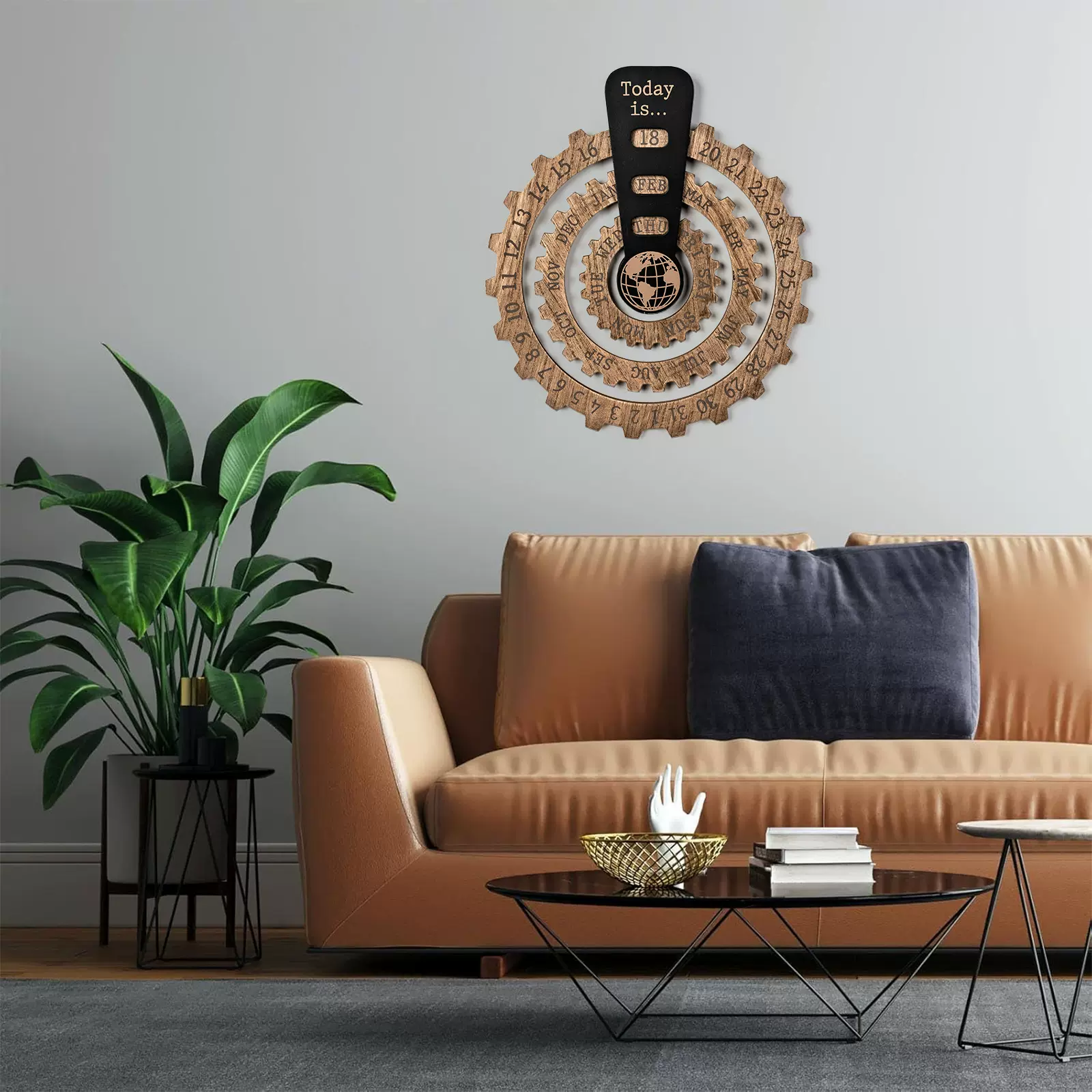 万年挂历家用木质创意圆形地球旋转挂历 跨境日历表 木制日历装饰