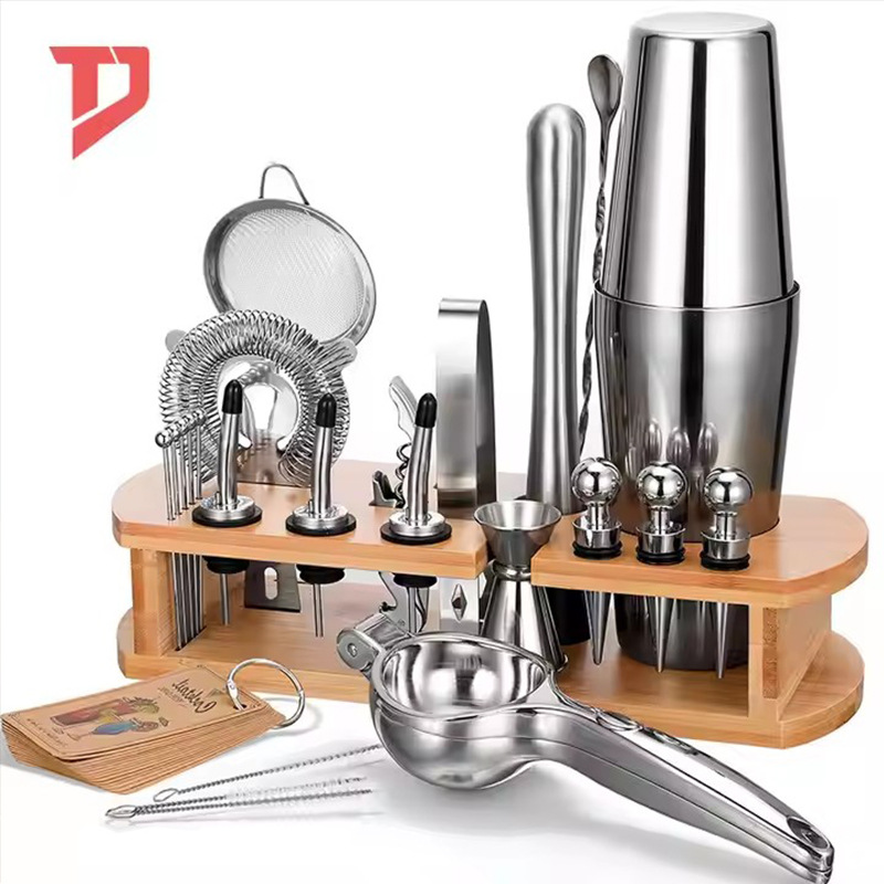 Estante de madera conjunto vino Shaker traje de acero inoxidable Boston Shaker bar herramienta coctelera