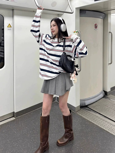 Vintage striped regular-shoulder long-sleeve women's T-shirt,  new design, small and exclusive large-sized top