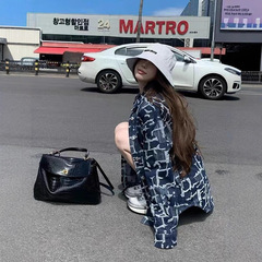 蓝色宽松休闲牛仔外套女秋高级感百搭设计感中长款上衣